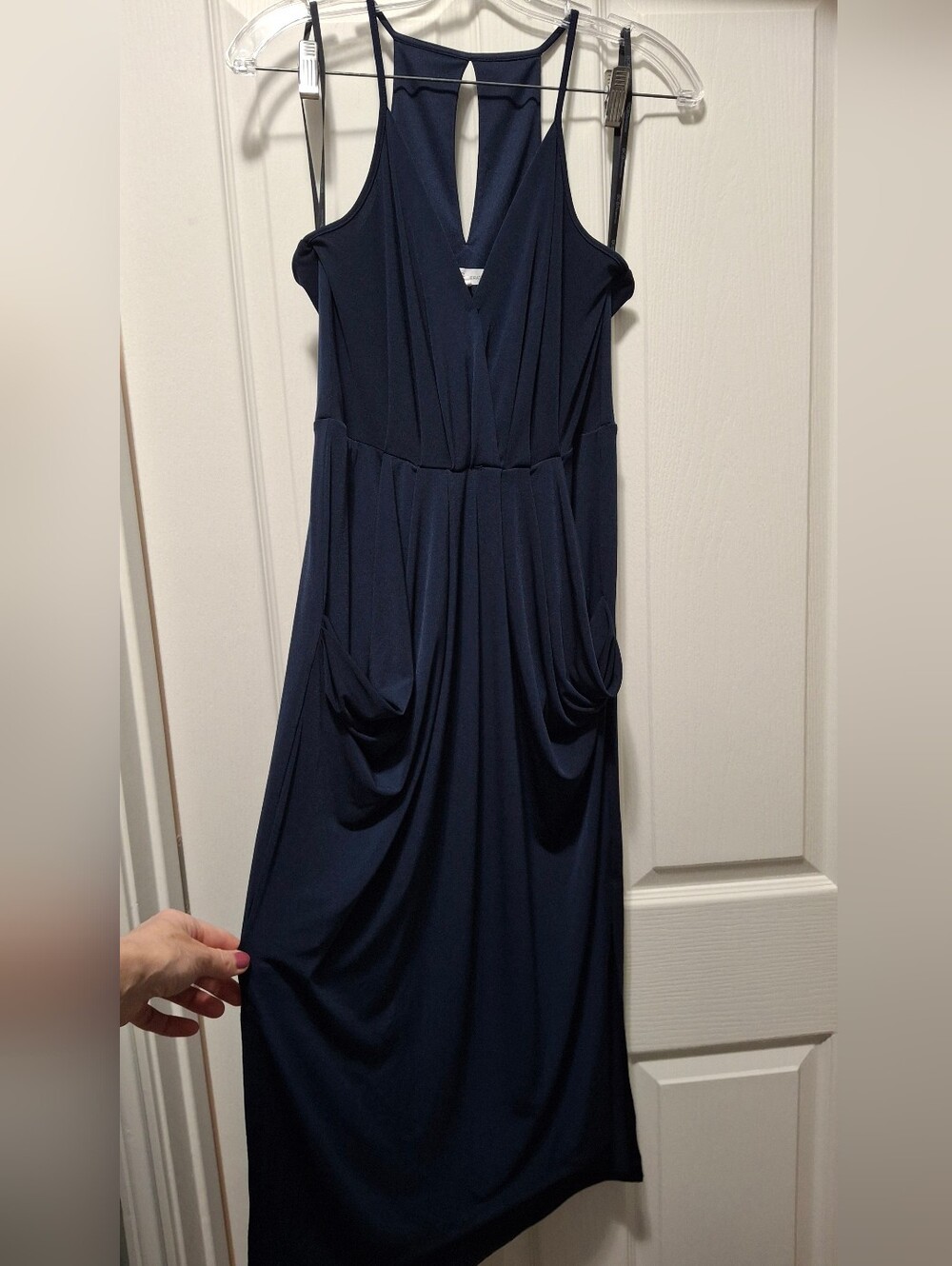 BCBGeneration Navy V-Neck Sleeveless Maxi Dress with Draped Pockets